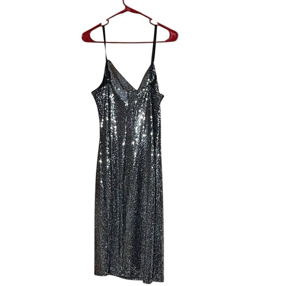 Vtg Y2K BEBE Sequin Silver Dress Cowl Neck Strappy Midi Stretch Sz XL NYE Party - Picture 3 of 6